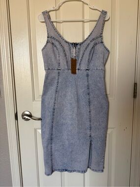 Utcoco Denim Dress Sleeveless Side Slit Bodycon Midi Size Medium NWT
